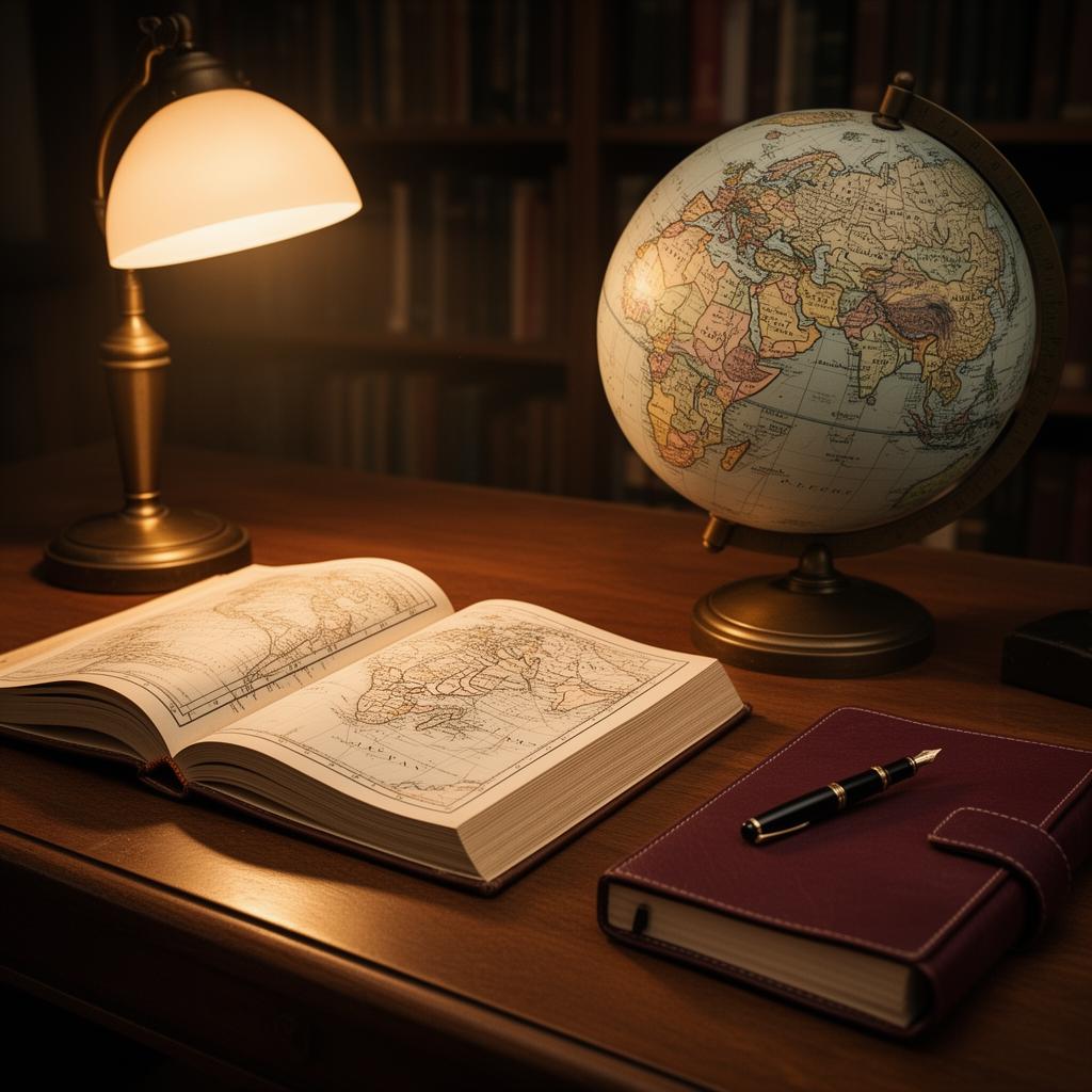 A vintage atlas and globe under lamplight